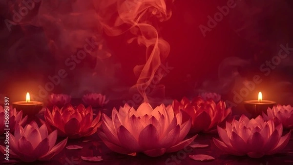 Fototapeta Serene Pink Lotus Flowers and Incense Smoke with Glowing Diyas on Red Background