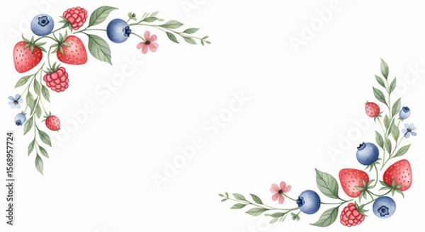 Fototapeta Happy summer text set vector icon with colorful hand-drawn berries forming a corner floral decoration