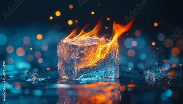 Fototapeta Burning Ice Cube on Water with Bokeh Background