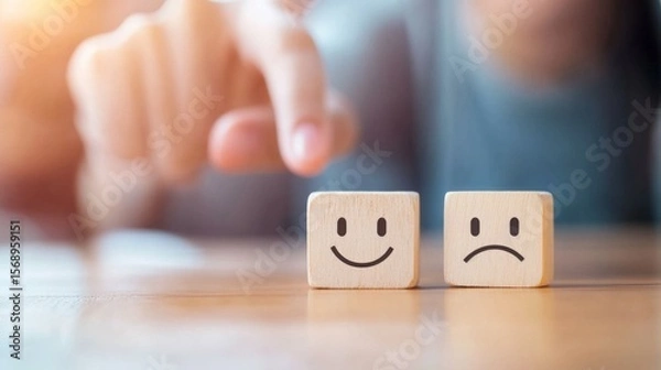 Fototapeta A hand is poised to flip a wooden block displaying a happy face, next to another block with a sad face, symbolizing choice, emotions, and mood.