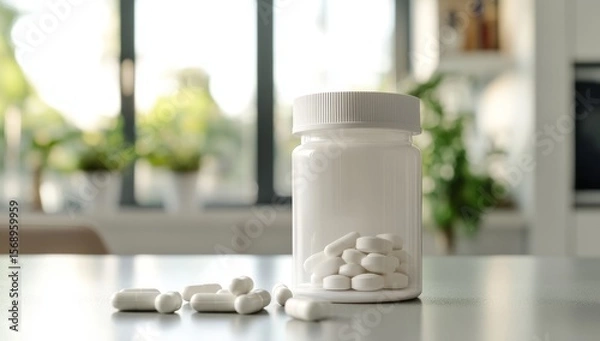 Fototapeta White pills in a jar on a kitchen table, sunlight through windows