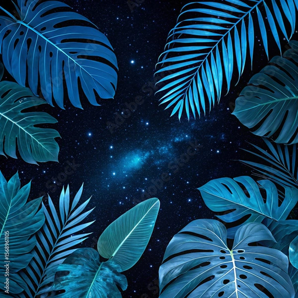 Fototapeta Tropical Dreams: Blue Foliage Collection Against a Cosmic Backdrop