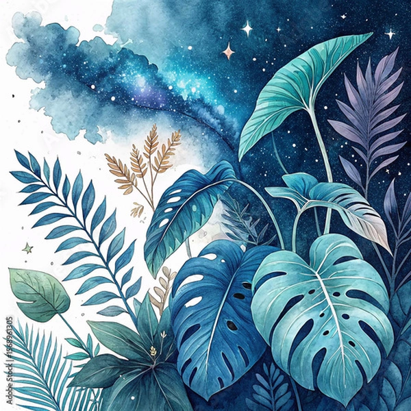 Fototapeta Tropical Dreams: Blue Foliage Collection Against a Cosmic Backdrop