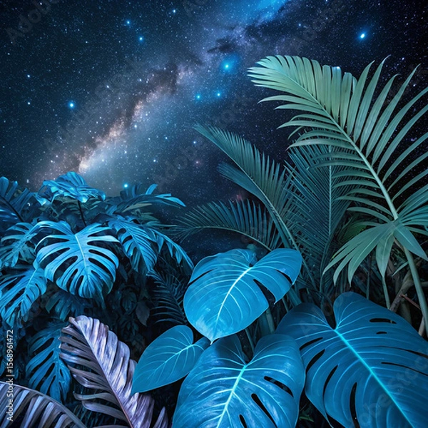 Fototapeta Tropical Dreams: Blue Foliage Collection Against a Cosmic Backdrop