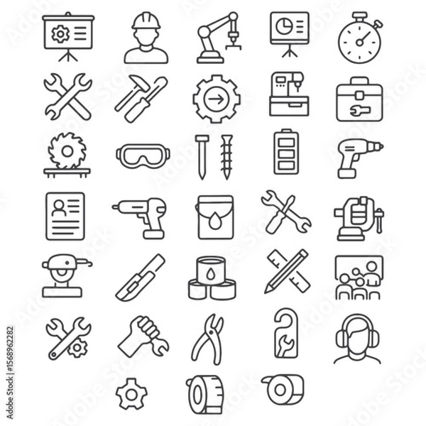 Fototapeta Workshop Line Icons – Vector Set Featuring Tools, Equipment & Technical Elements for Crafts, DIY & Industrial Projects