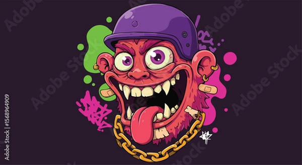 Fototapeta Crazy Monster Character with Helmet and Chain