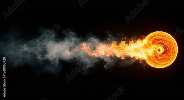 Obraz Fiery Ball of Energy: Dynamic Fireball with Smoke Trail - High-Resolution Image of a Burning Sphere in Motion on Black Background