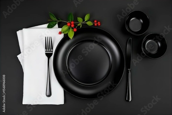 Fototapeta Elegant Black Plate Setting: Formal Dining Table with White Napkin, Silverware, and Berry Accent - Stock Photo