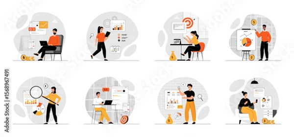 Fototapeta Bundle of SEO Budget Planning concepts with people scene in flat cartoon design. Collection work with men and women. Business people develop an effective  SEO budget plan. Vector illustration