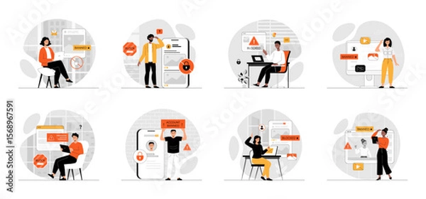 Fototapeta Bundle of Blocking Banned User Account on Social Media with people scene in flat cartoon design. Collection work with men and women. People is worried about error notification, access denied.