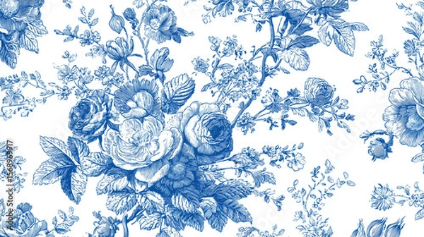 Fototapeta Elegant French blue and white floral toile pattern featuring intricate blooming roses, peonies, and daisies with delicate foliage on crisp white background, embodying timeless cottagecore charm
