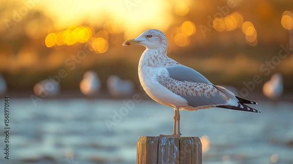 Fototapeta seagull on a wooden post near the ocean background for summer