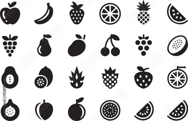 Fototapeta Food fruits glyph icon set. Vector pictograms of banana, strawberry, pineapple, watermelon, grapes, mango, blueberries, peach, cherry, lemon, avocado, pear, kiwi, black sign silhouette illustration.Or
