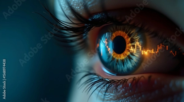 Fototapeta A trader’s eye reflects live charts — symbolizing complete focus, immersion, and emotional intensity in trading.