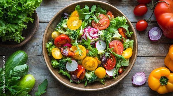 Fototapeta Top-down view of a vibrant plant-based meal with fresh organic vegetables, artfully arranged on a rustic wooden table. Perfect for healthy eating, vegan lifestyle. Generative AI.