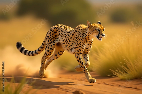 Fototapeta Cheetah Running Through Savannah Grasslands with Dust Trail

