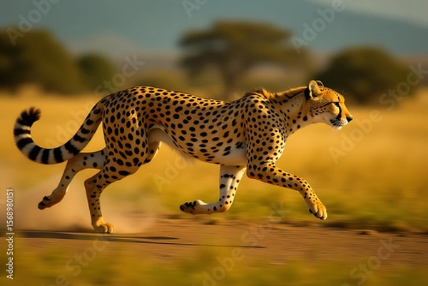 Fototapeta Fast Cheetah Running Through African Savannah with Trees

