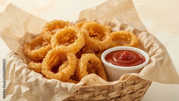 Obraz Golden Crispy Onion Rings in Basket with Ketchup on Side