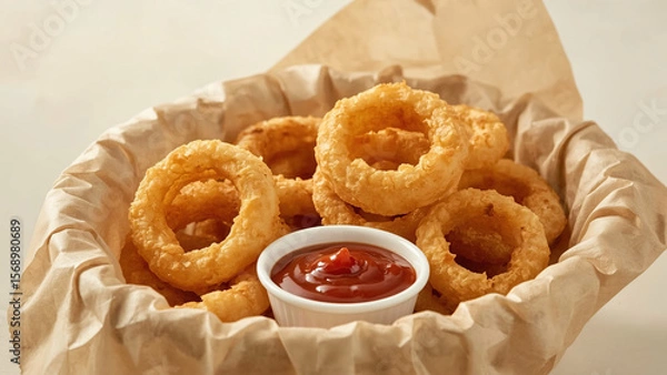 Obraz Golden Crispy Onion Rings in Basket with Ketchup on Side