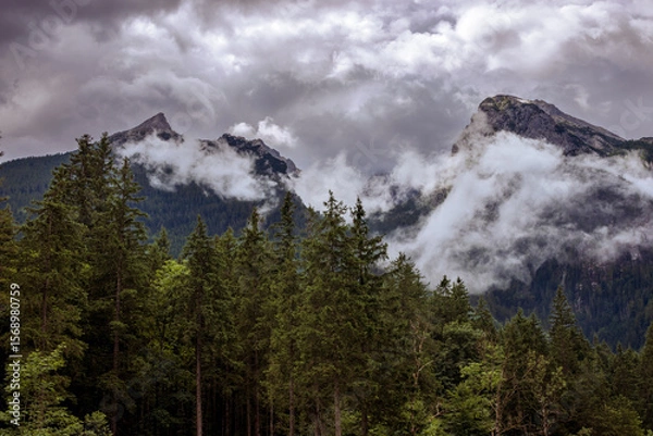 Fototapeta tief hängende Wolken in den Bergen. im Vordergrund Nadelwald am Hintersee in den Alpen bei Berchtesgarden in Deutschland