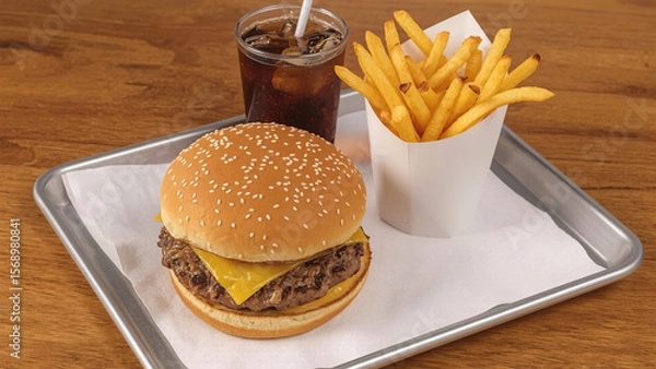 Obraz Fast Food Combo Meal with Burger, Fries, and Soda on Tray