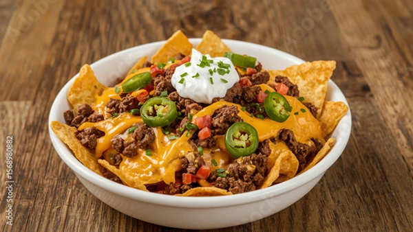 Obraz Loaded Nachos with Cheese, Jalapeños, and Sour Cream in White Bowl