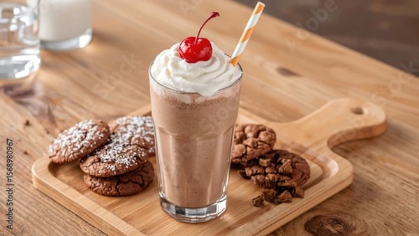 Obraz Chocolate Milkshake with Whipped Cream and Cherry on Wooden Tray