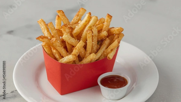 Obraz Golden French Fries in Red Container with Ketchup on White Plate
