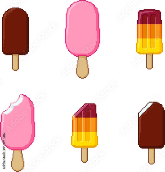 Fototapeta Pixel art bitten and whole ice cream set. 8-bit style frozen treats on sticks - fruity and layered popsicles, chocolate covered bars. Retro dessert graphics for summer themes and game UI.