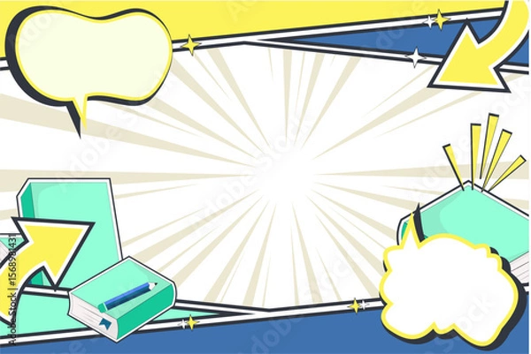 Obraz Colorful Comic Panel Template with Books and Speech Bubble – Versatile Layout for Creative Projects, Pastel Pop Art Comic Background.  Blank Comic Layout and School Icons