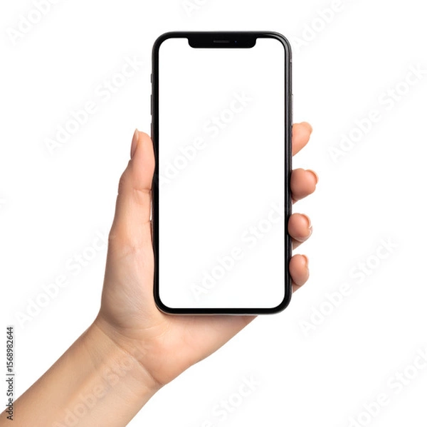 Fototapeta A person's hand holding a phone with a blank screen. The image showcases a close-up view of a hand