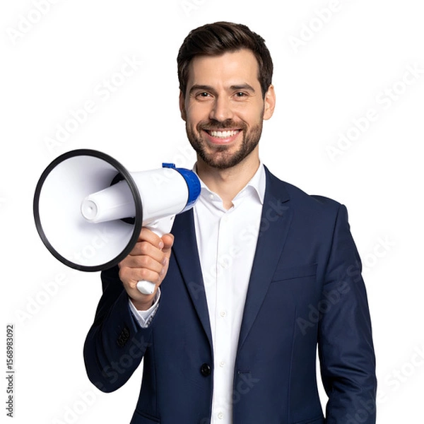 Fototapeta A man in a suit holding a megaphone, conveying an announcement, and smiling