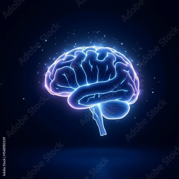 Obraz A glowing digital brain, floating on a dark background, futuristic, blue and purple tones, high contrast
