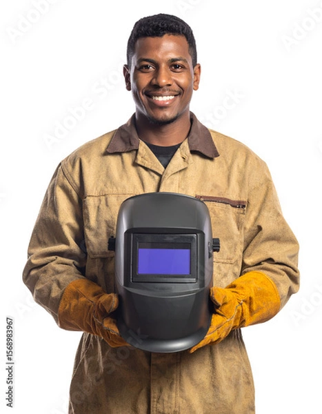 Fototapeta A smiling welder holding a welding helmet, showcasing his expertise and craftsmanship. He is in a brown work uniform and yellow work gloves