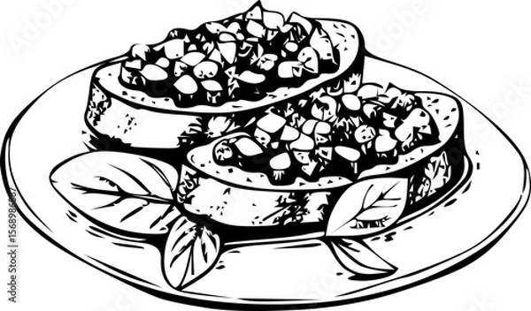 Fototapeta Plate of bruschetta topped with diced tomatoes and basil on a white background
