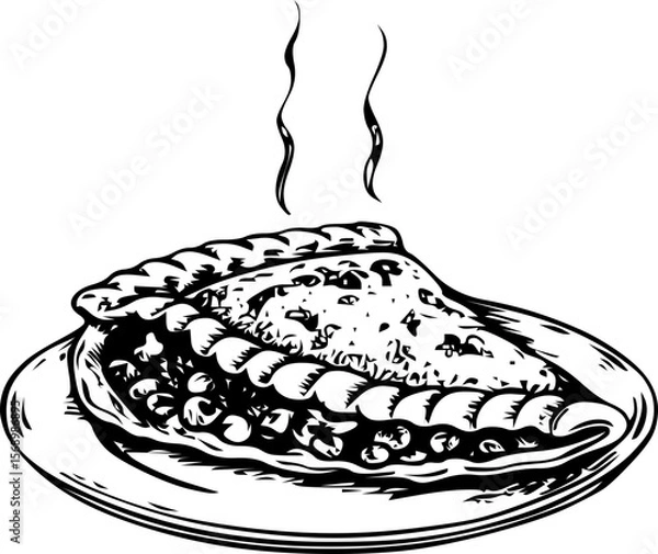 Fototapeta Hot calzone filled with cheese and vegetables on a plate with steam on a white background