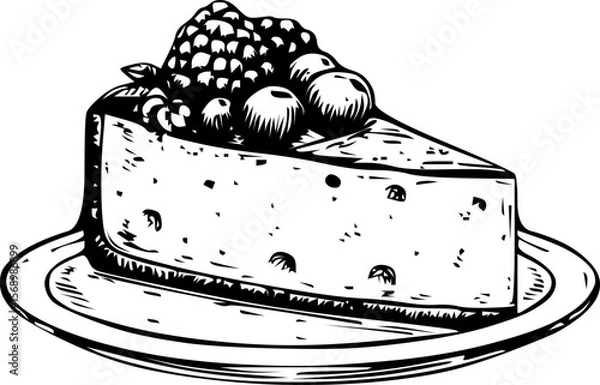 Fototapeta Slice of cheesecake topped with berries on a white plate against a white background