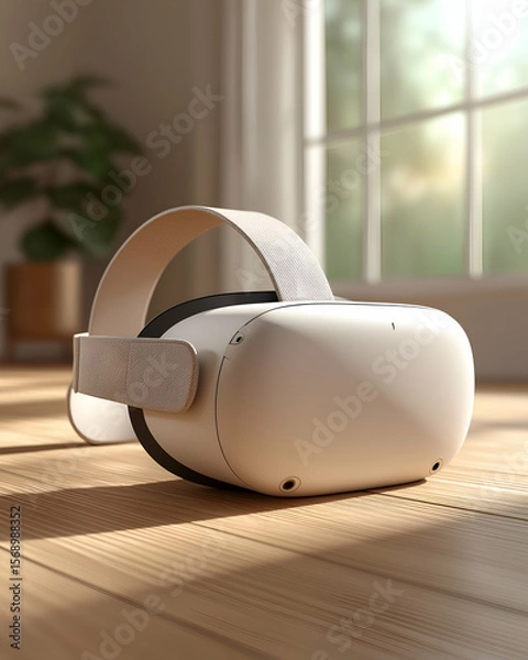 Fototapeta Virtual Reality Headset Resting on Wooden Floor with Natural Light. Mock up promotion information for marketing announcements and details, blank white space