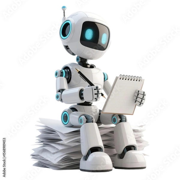 Fototapeta A cute AI robot character performing various business and finance activities, GPT chatbot icon. Artificial intelligence, trendy technology, support service, funny automation computer