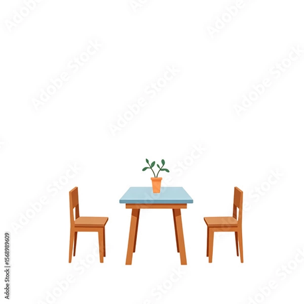 Fototapeta Simple wooden table with two chairs and a potted plant isolated on transparent background