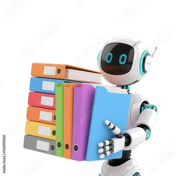 Fototapeta A cute AI robot character performing various business and finance activities, GPT chatbot icon. Artificial intelligence, trendy technology, support service, funny automation computer 