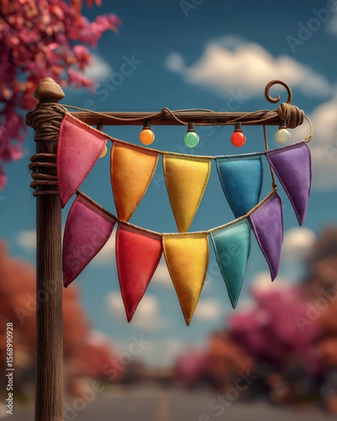 Obraz Colorful Pennant Banner Decoration Hanging Outdoors with Sky and Trees. Mock up promotion information for marketing announcements and details, blank white space