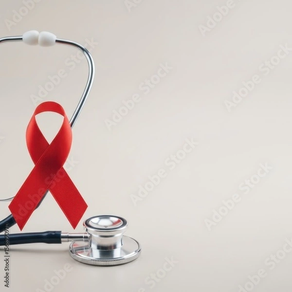 Fototapeta World AIDS Day Awareness: Stethoscope and Red Ribbon Symbol for HIVAIDS Prevention and Support
