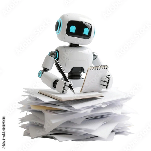 Fototapeta A cute AI robot character performing various business and finance activities, GPT chatbot icon. Artificial intelligence, trendy technology, support service, funny automation computer 