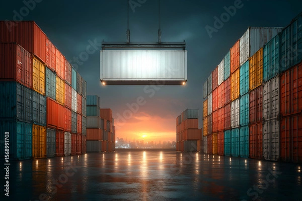 Obraz Stacked Shipping Containers at Dusk with Sun Setting Over City. Mock up promotion information for marketing announcements and details, blank white space