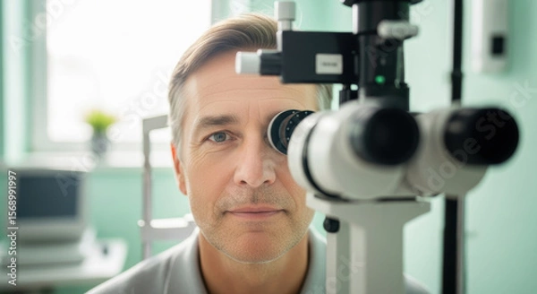 Fototapeta Middle aged man undergoing eye examination with advanced equipment at modern clinic, close up of patient looking into diagnostic machine for vision assessment