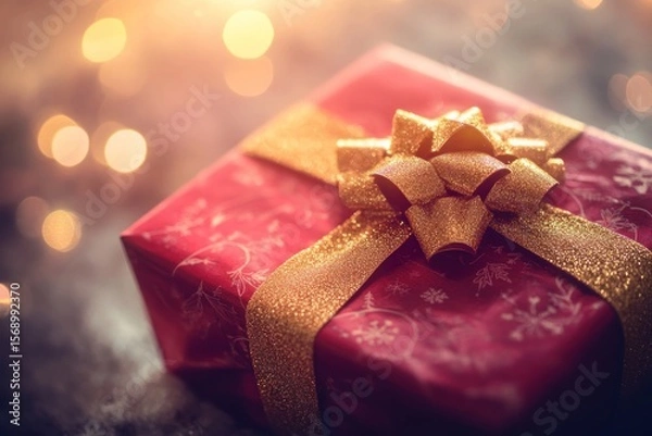 Fototapeta Spotlight on elegant red present with gold bow, soft light flares and festive bokeh, Christmas feel