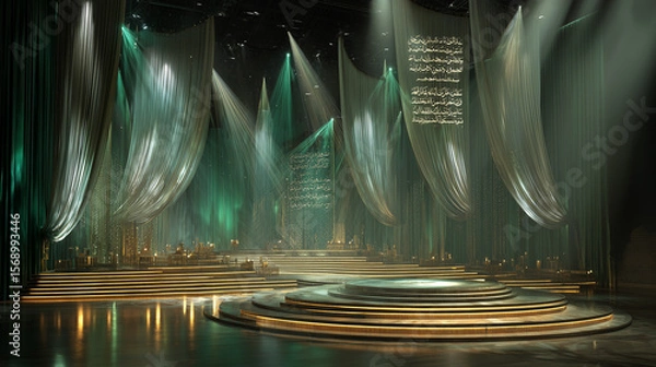 Fototapeta Cinematic Saudi poetic auditorium stage with layered translucent scrims featuring projected , central glowing round platform surrounded by deep green velvet curtains and gold accents