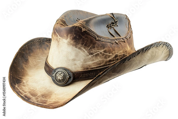 Obraz A Distressed Brown Leather Cowboy Hat With A Silver Buckle And Decorative Stitching Isolated On A Transparent Background