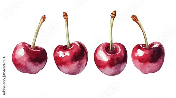 Obraz A Watercolor Painting Of Four Red Cherries Each With A Green Stem And Leaf Arranged In A Row Against A Transparent Background